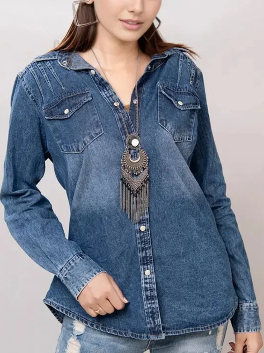 Denim Western Shirt with Tooled Leather Yoke & Turquoise Geometric Trim XLarge - Picture 3 of 5